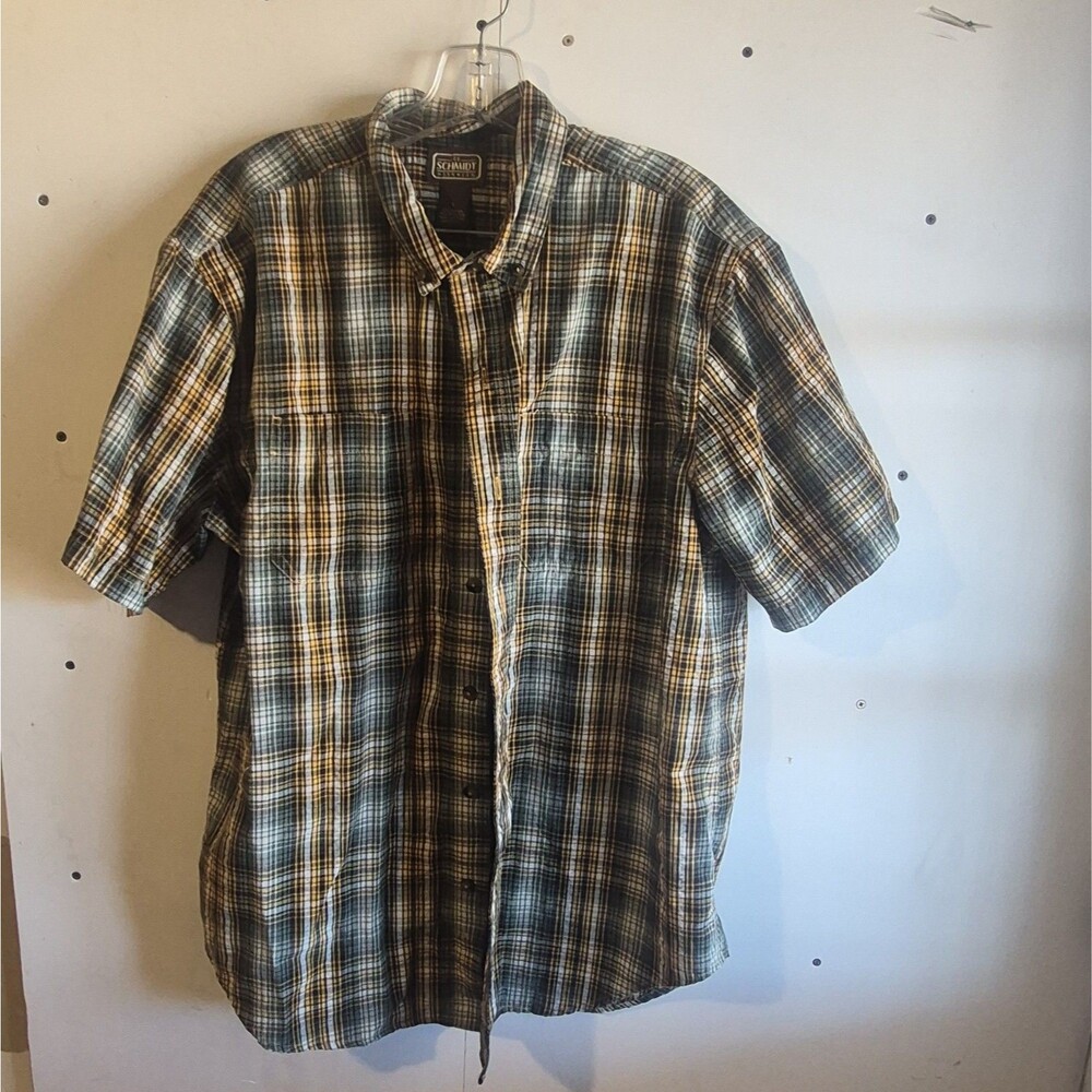 CE Schmidt Workwear Shirt Mens 2XL Green Yellow Plaid Short Sleeve Pocket Casual